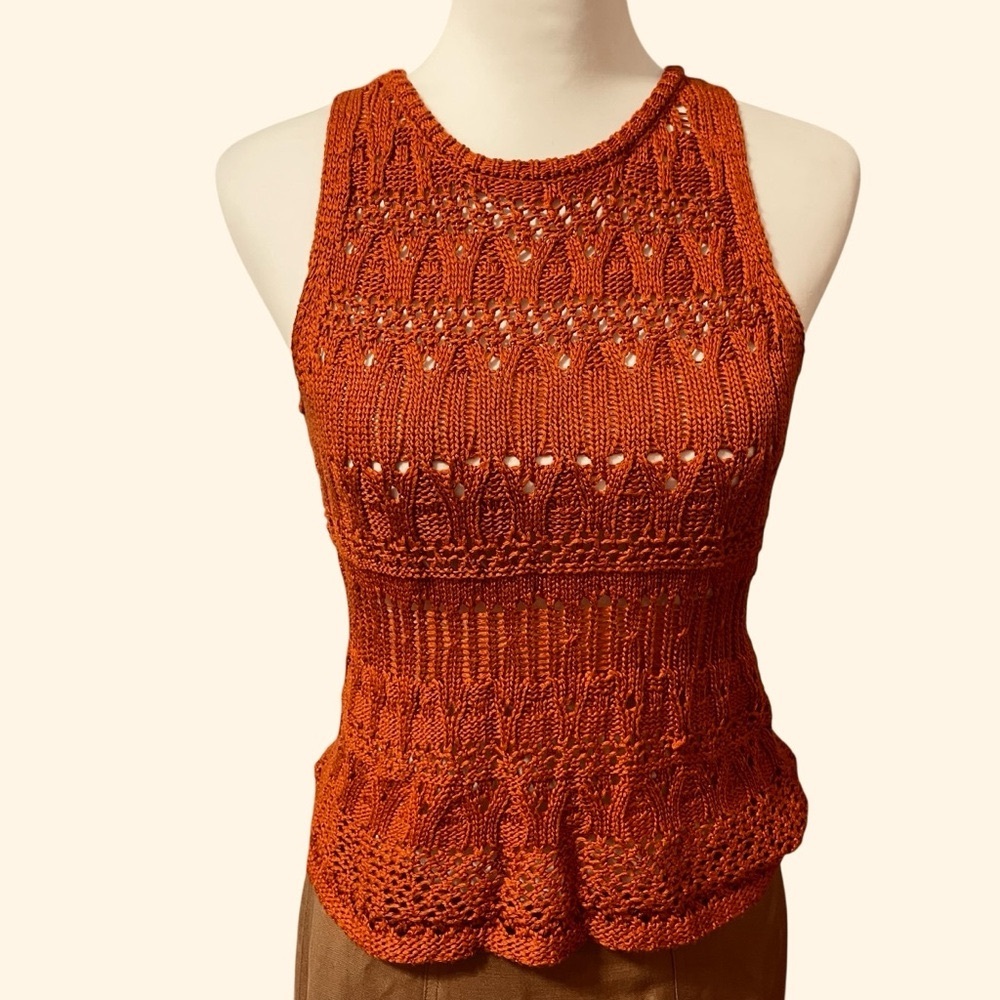 Embossed Burnt Orange Crochet Peplum Tank | Open Knit Boho Festival Coastal XS